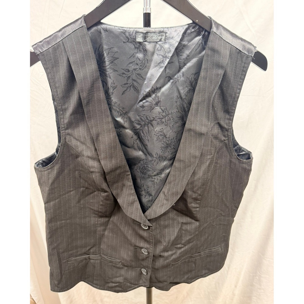 Vintage 2000's Women's Black Pinstripe Goth Office Low Cut Vest/Waistcoat XL - Picture 2 of 8